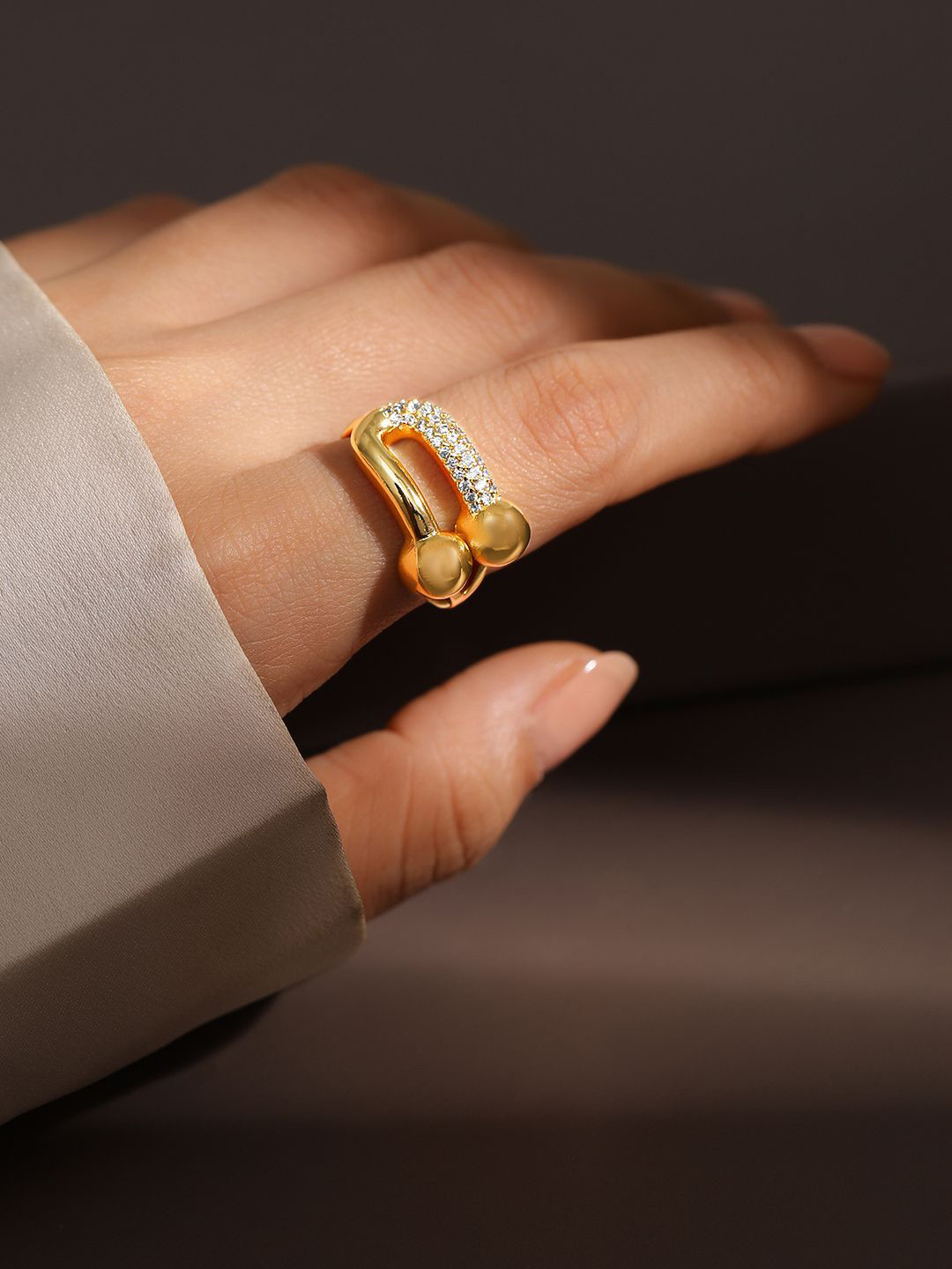 Rubans 18K Gold Plated Adjustable Finger Ring with Textured Dual Beads & CZ Accents