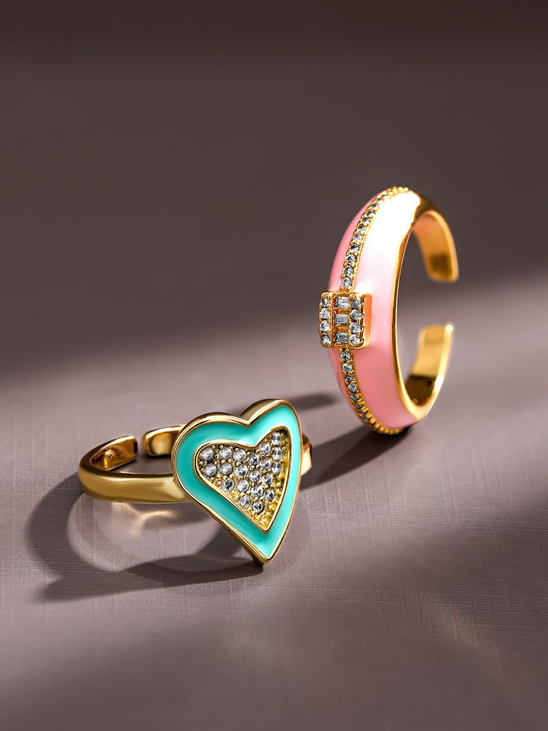 Rubans Set of 2 18K Gold Plated Turquoise & Pink Enamel Cubic Zirconia Studded Rings
