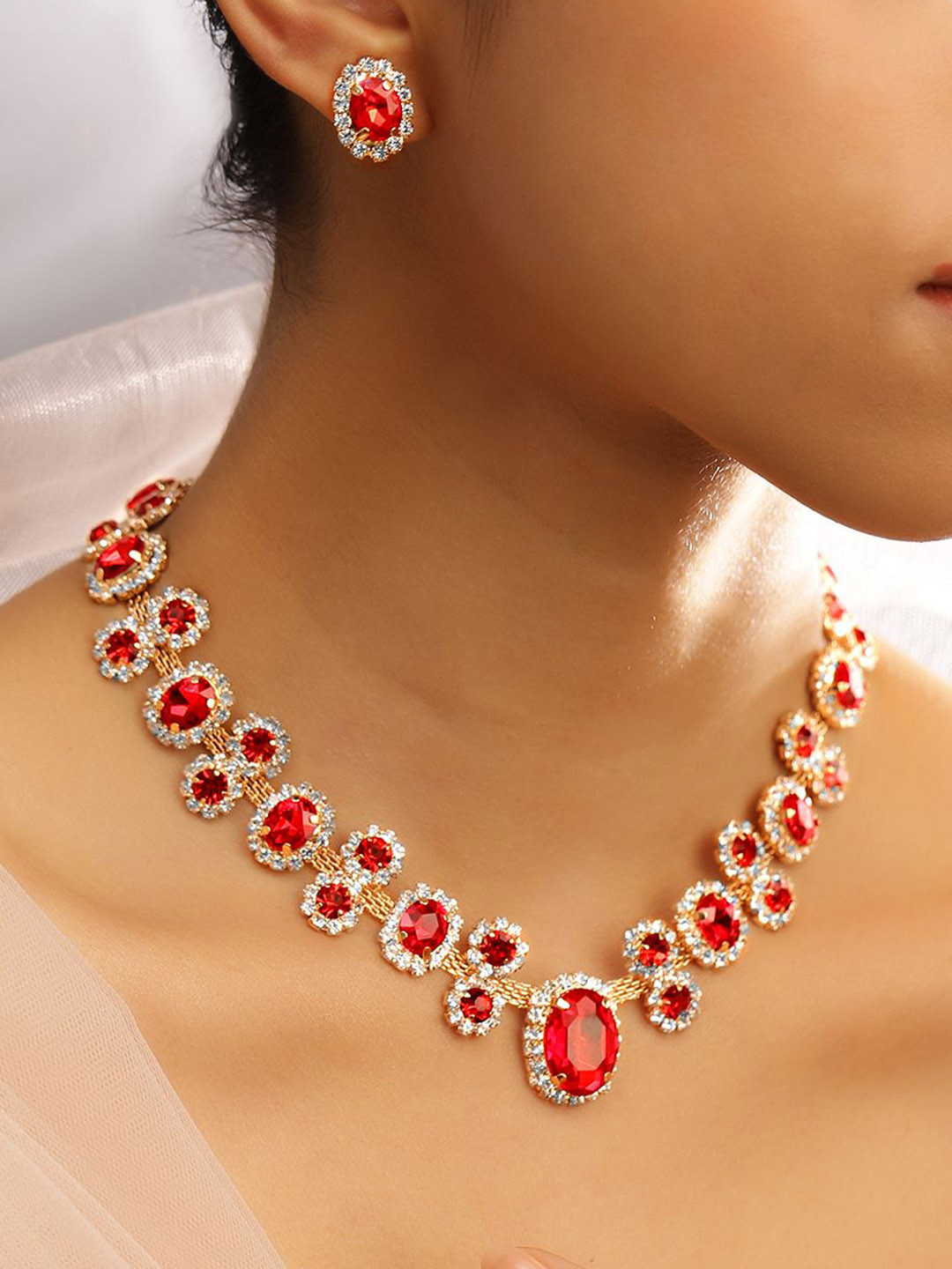 Rubans Voguish 18K Gold Plated Crystal Ruby & CubicZirconia Studded Statement Necklace Set