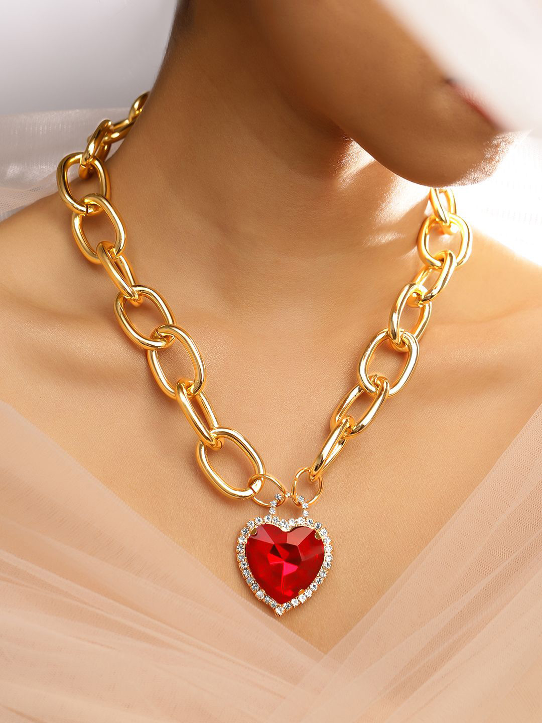 Rubans Voguish 18K Gold Plated Chunky Chain Necklace with Ruby & Zirconia Heart Pendant