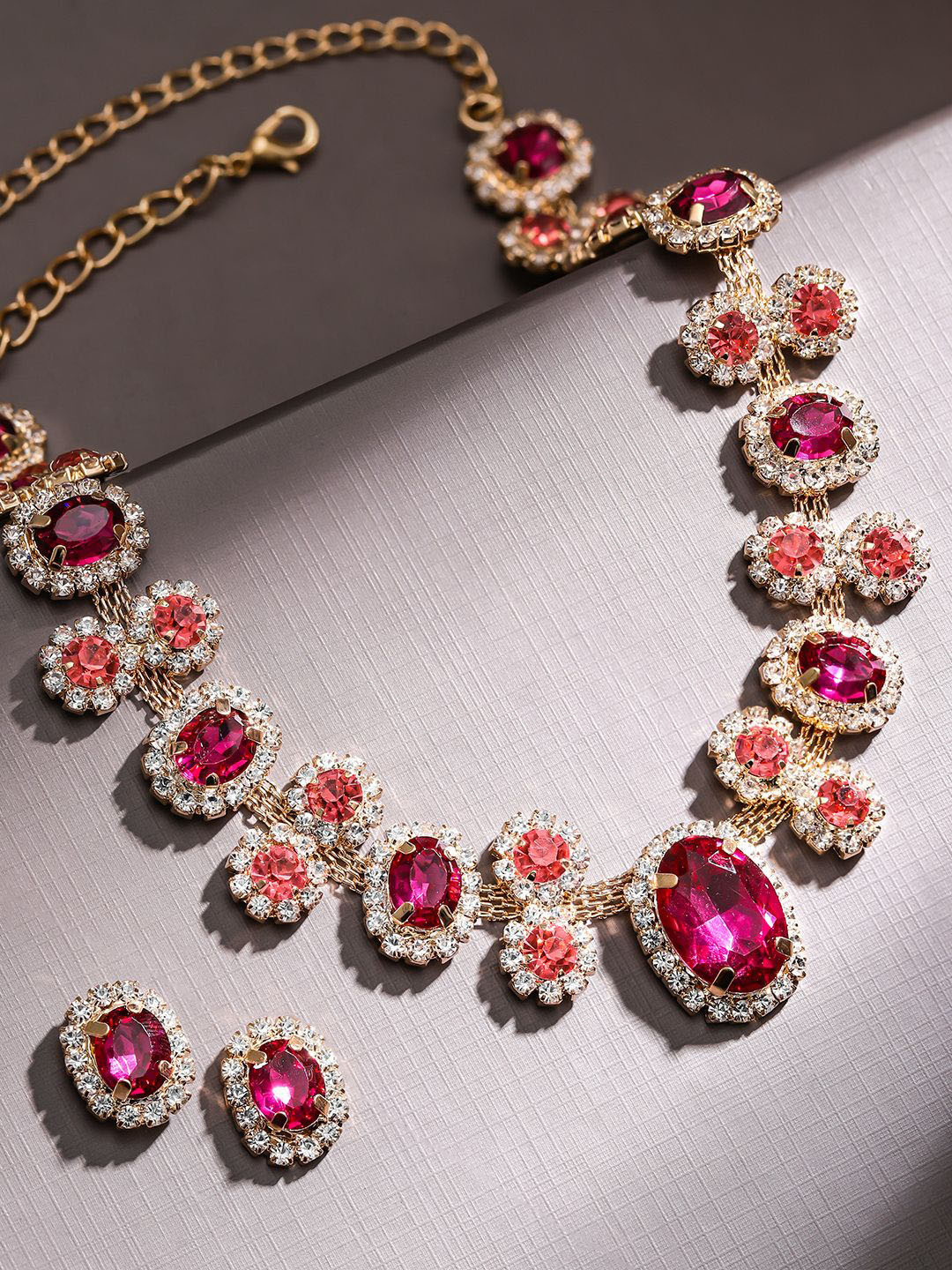 Rubans Voguish 18K Gold Plated Crystal Ruby Pink & Peach Cubic Zirconia Necklace Set