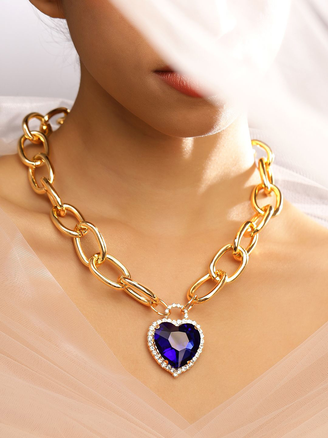 Rubans 18K Gold Plated Chunky Chain Necklace with Blue Sapphire & Zirconia Heart Pendant