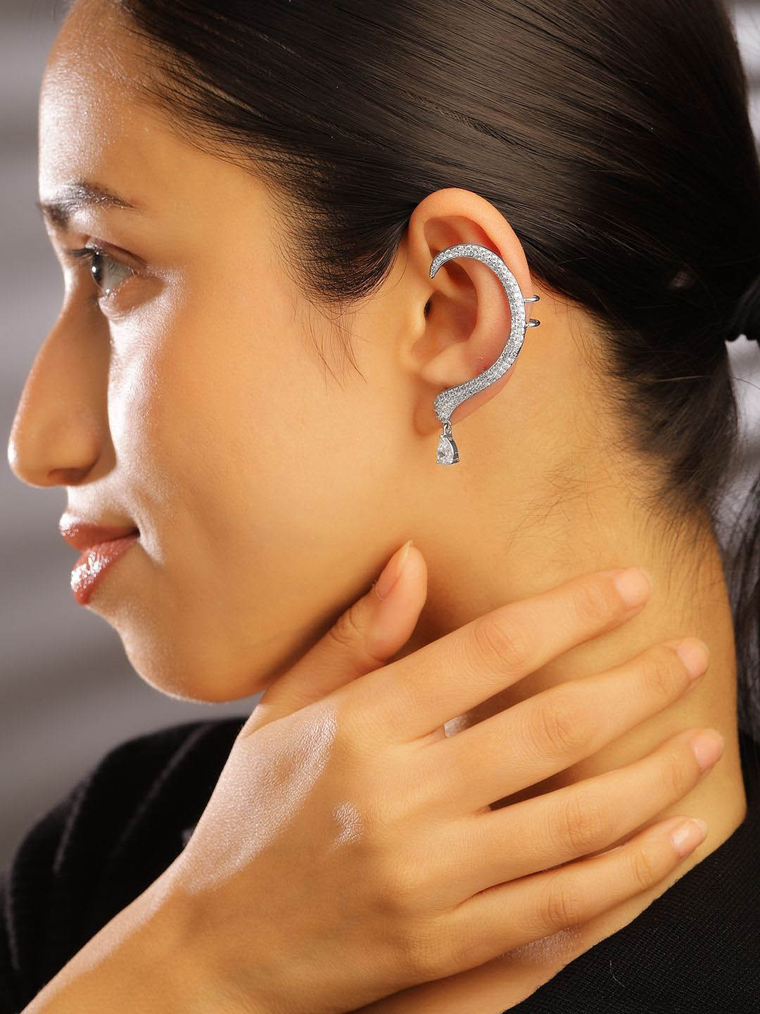 Rubans Rhodium Plated Cubic Zirconia Studded Bold Statement Ear Cuff with Drop AD Stone