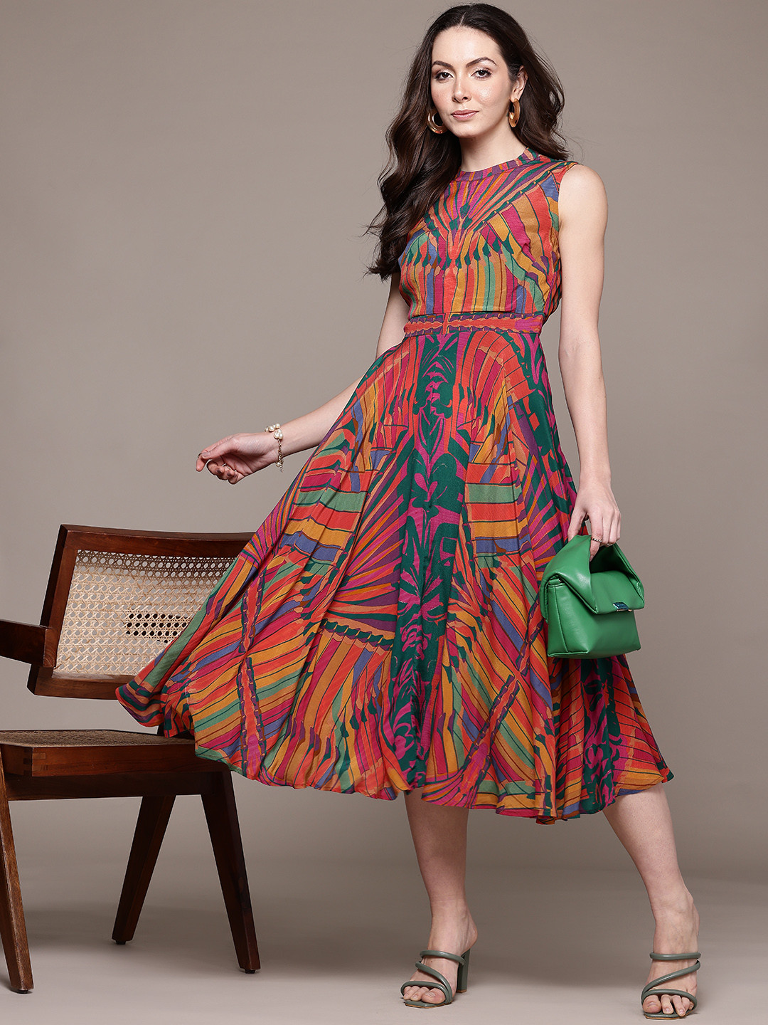 Ritu Kumar Printed Halter Neck Styled Back Crepe Fit & Flare Midi Dress