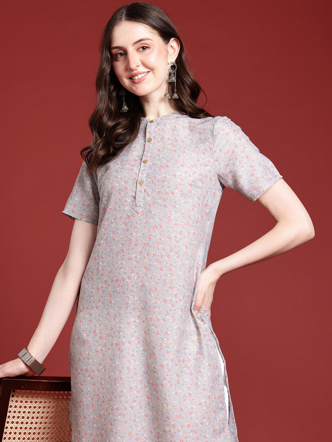 Anouk Floral Printed Band Collar Half Sleeve Kurta
