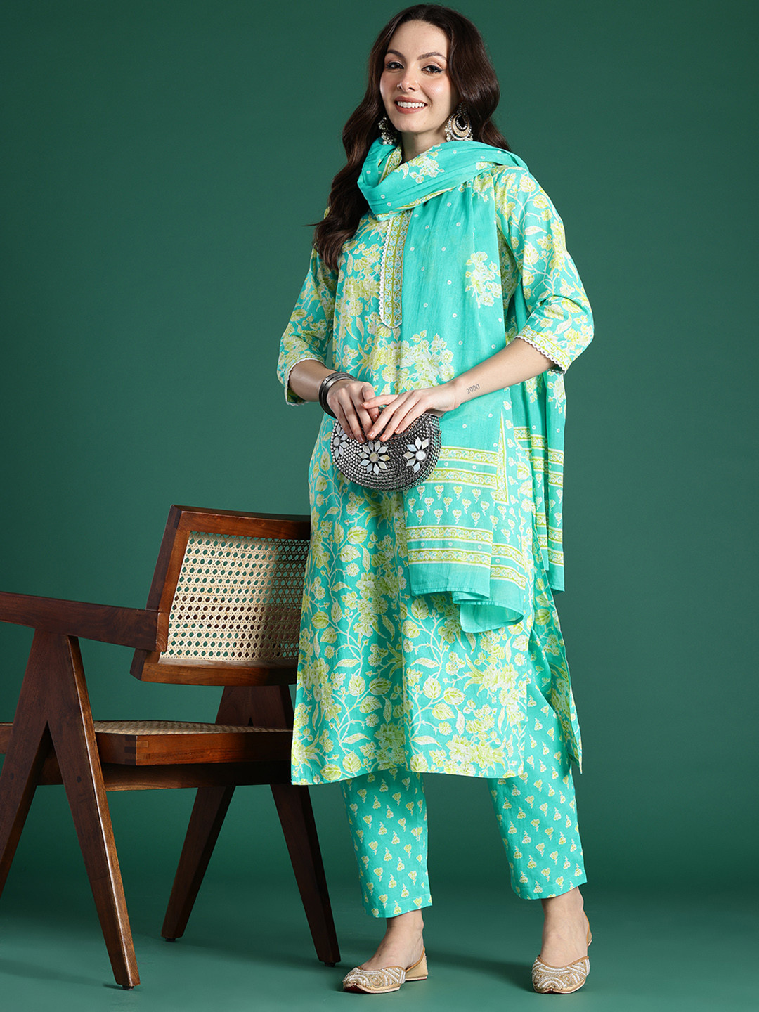 Indo Era Floral Printed Pure Cotton Kurta with Trousers & With Dupatta