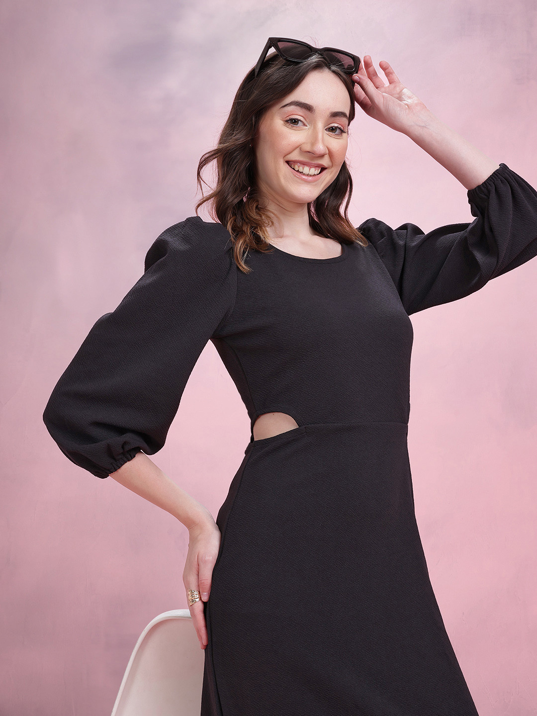 DressBerry Textured Puff Sleeves Cut-Out Detail Sheath Dress