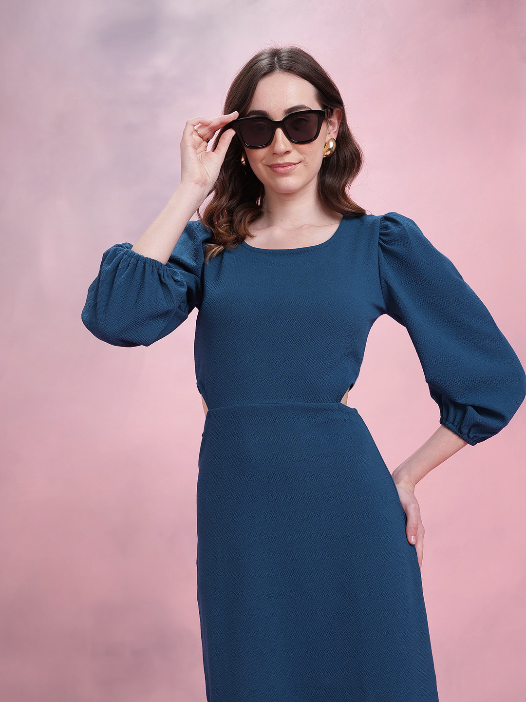 DressBerry Textured Puff Sleeves Cut-Out Detail Sheath Dress
