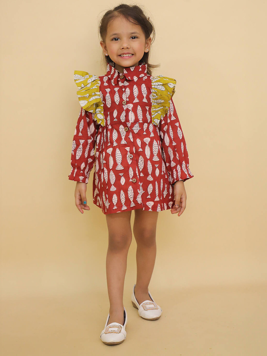 LITTLE GINNIE Girls Printed Frills Detailed Shirt Collar Fit and Flare Dress