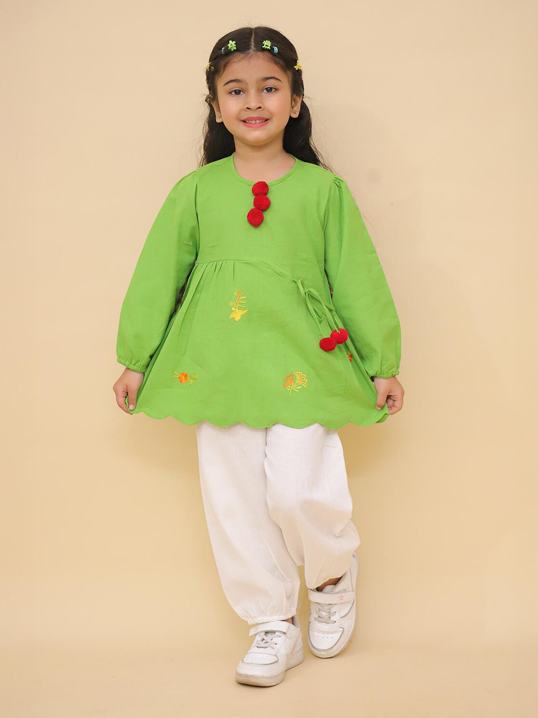 LITTLE GINNIE Girls Embroidered Round Neck Top With Trousers