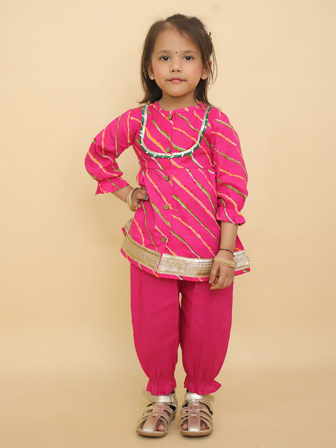 LITTLE GINNIE Girls Leheriya Printed Round Neck Top With Trousers