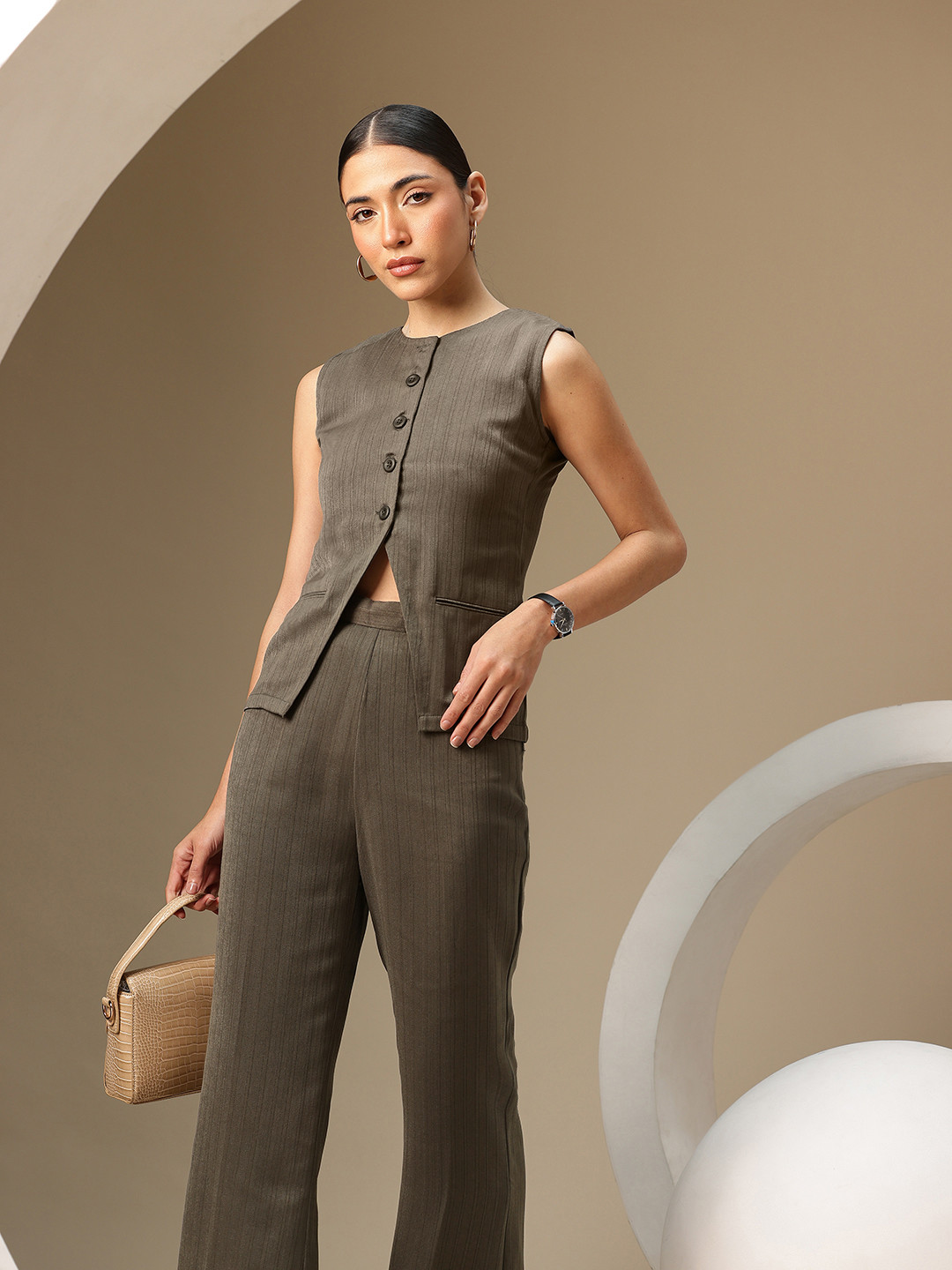 Chemistry Womens Striped Waiscoat & Trouser Co-Ord Set