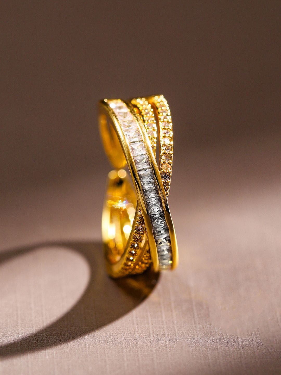 Rubans 18K Gold Plated White Cubic Zirconia Studded Crossover Demi Fine Adjustable Ring