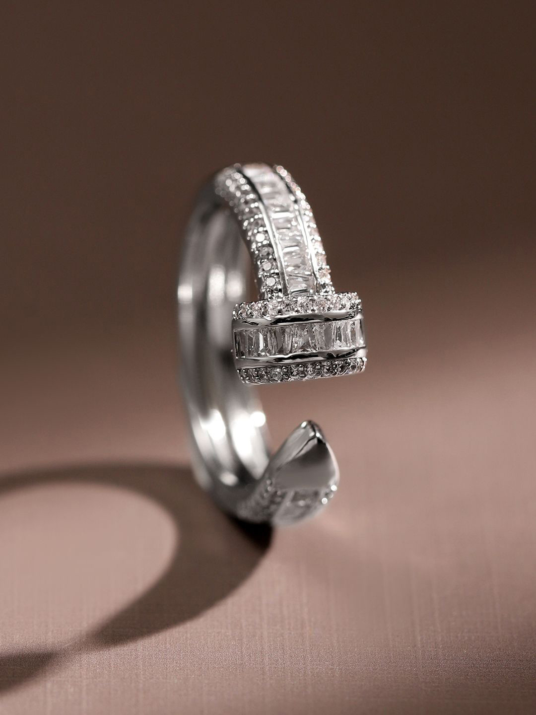 Rubans Rhodium Plated White Cubic Zirconia Studded Demi Fine Openable Adjustable Ring