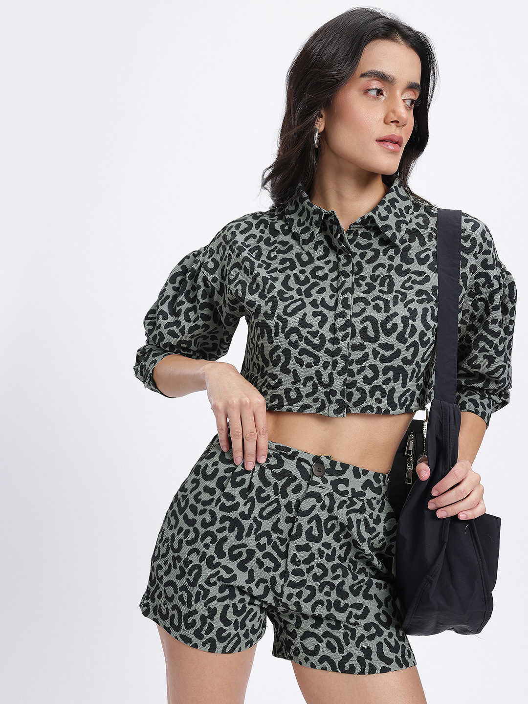 glitchez Leopard Print Drop-Sleeves Crop Boxy Fit Shirt with Shorts