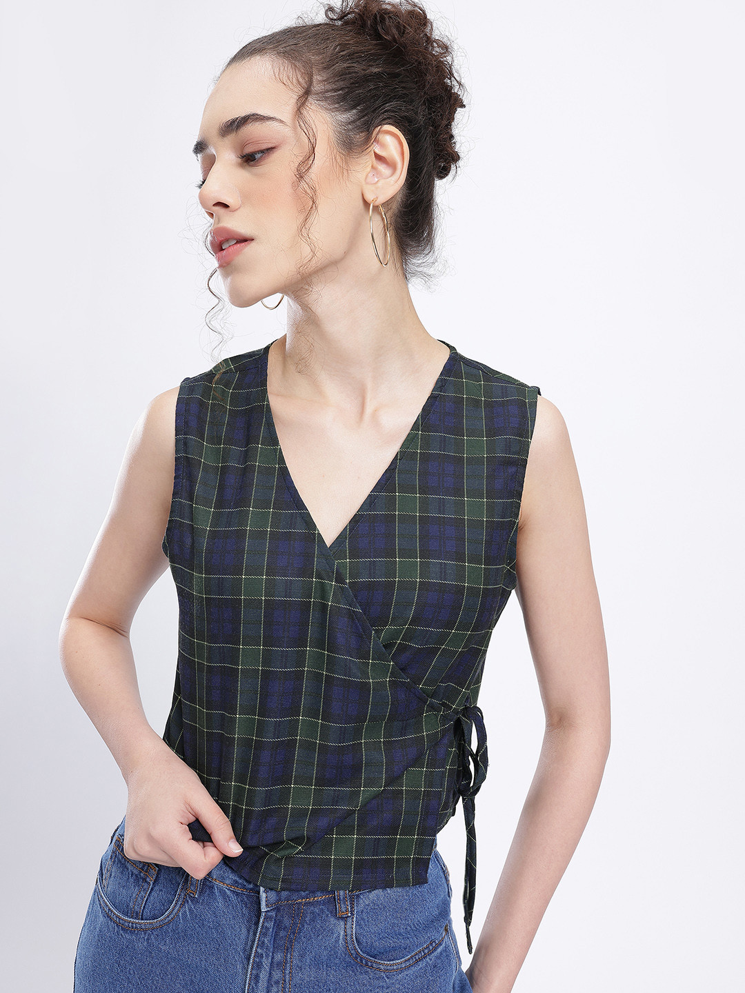 glitchez Tartan Checks Crop Front-Open Wrap Top