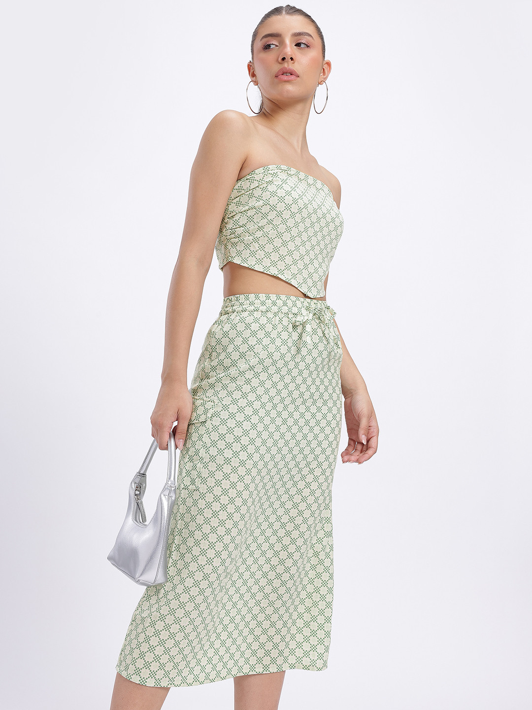 glitchez Geometric Print Ruched Smocked Detail Strapless Tube Top with Midi A-Line Skirt