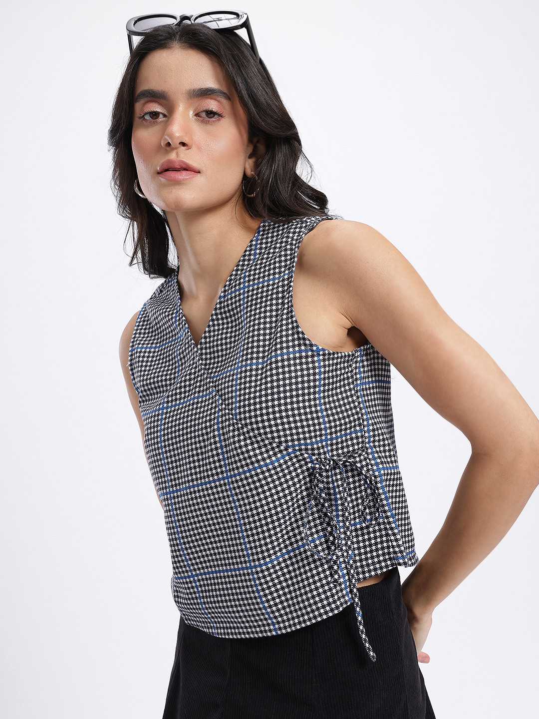 glitchez Houndstooth Checks Monochrome Wrap Vest Top
