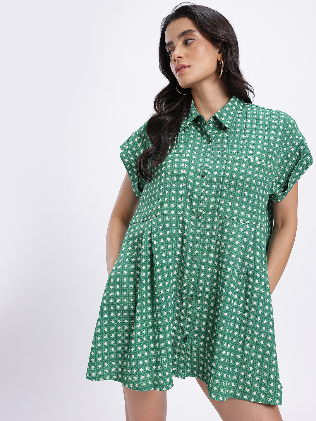 glitchez Checked & Printed Pleated Shirt Style Dress