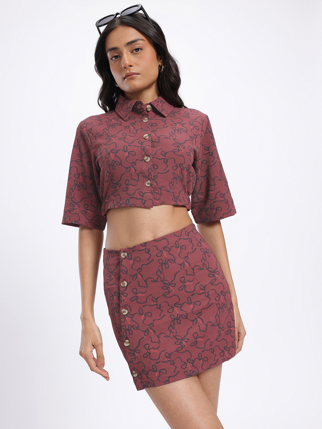 glitchez Geometric Print Crop Blouson Short with Mini Pencil Skirt