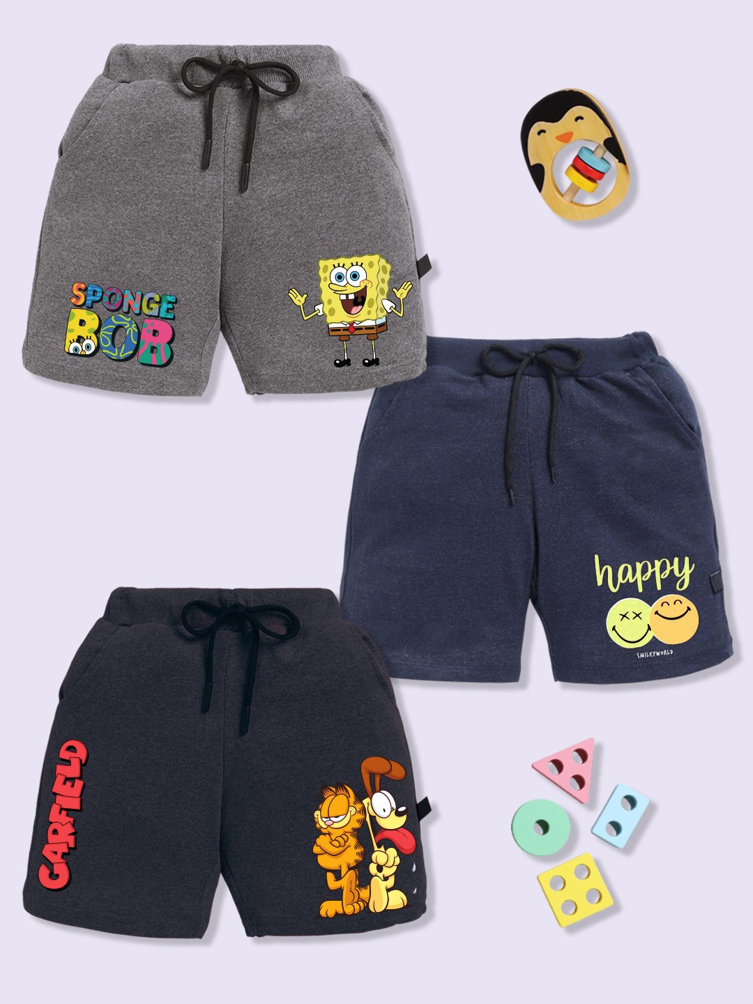 YK X Minute Mirth Boys Set of 3 Assorted Printed Cartoon Character Shorts