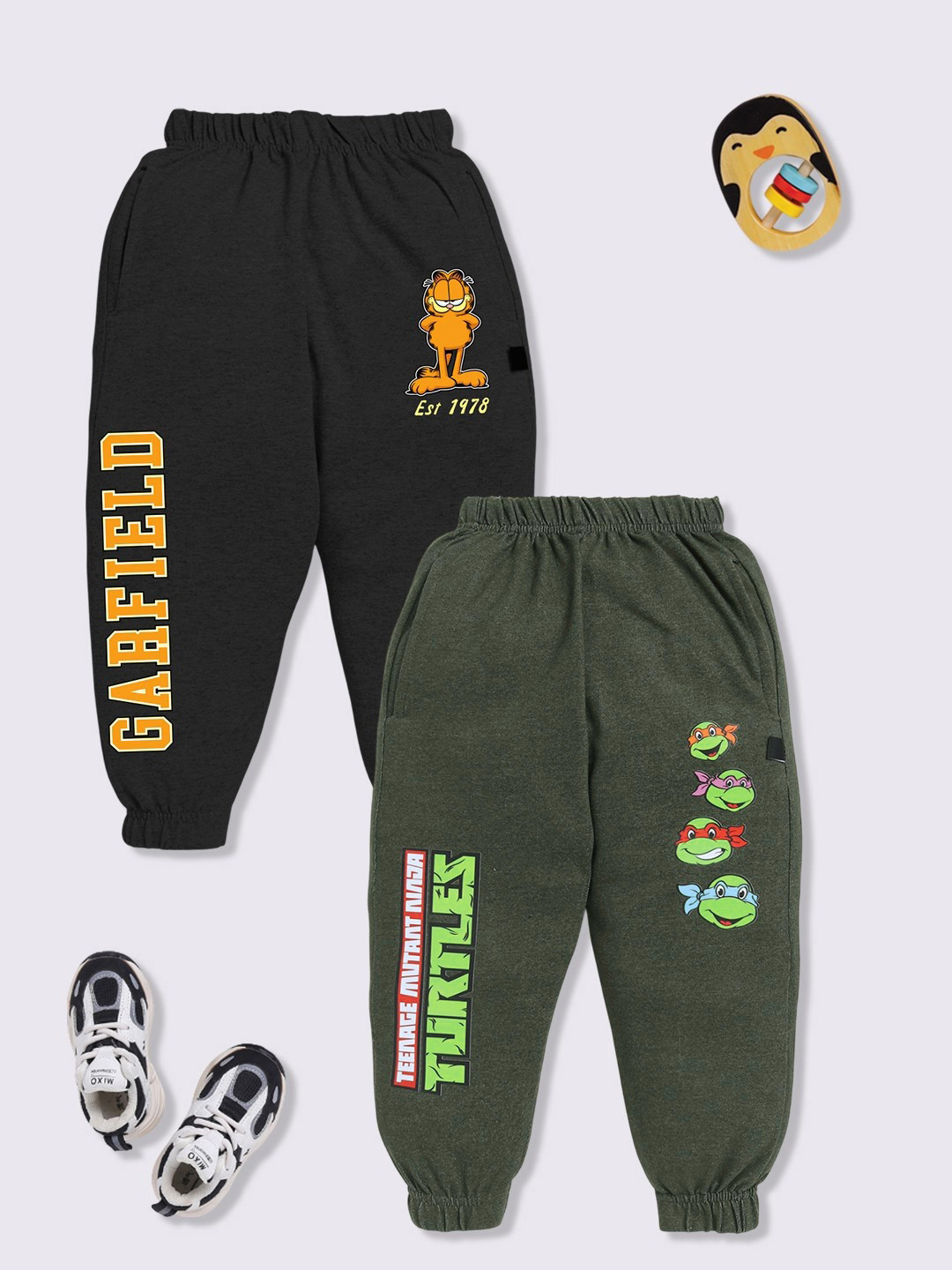 YK X Minute Mirth Boys Set of 2 Assorted Cartoon Characters Printed Pure Cotton Joggers