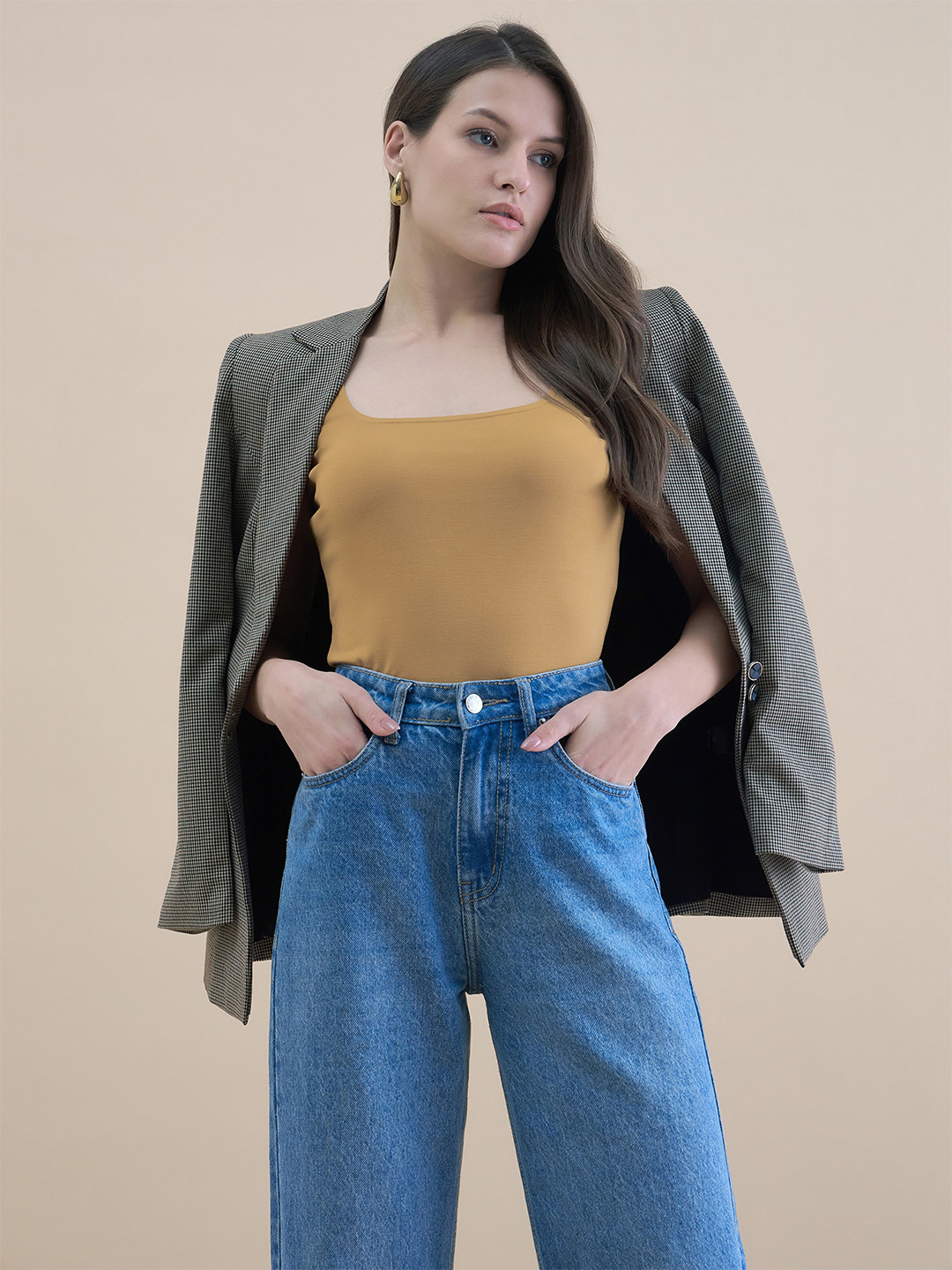 PowerSutra Women Scoop Neck Knit Sleeveless Solid Mustard Tank Top