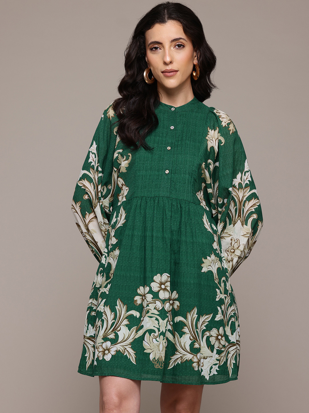 Label Ritu Kumar Floral Printed Band Collar Dolman Puff Sleeve Dress
