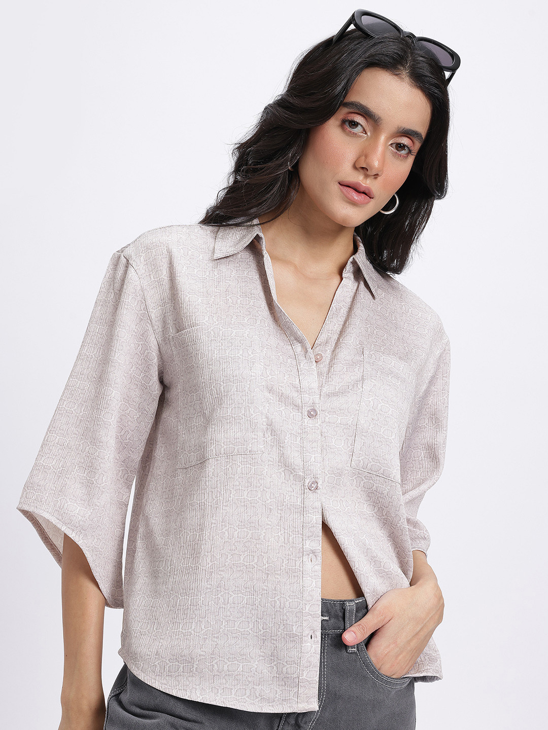Glitchez Grey Textured Boxy Shirt