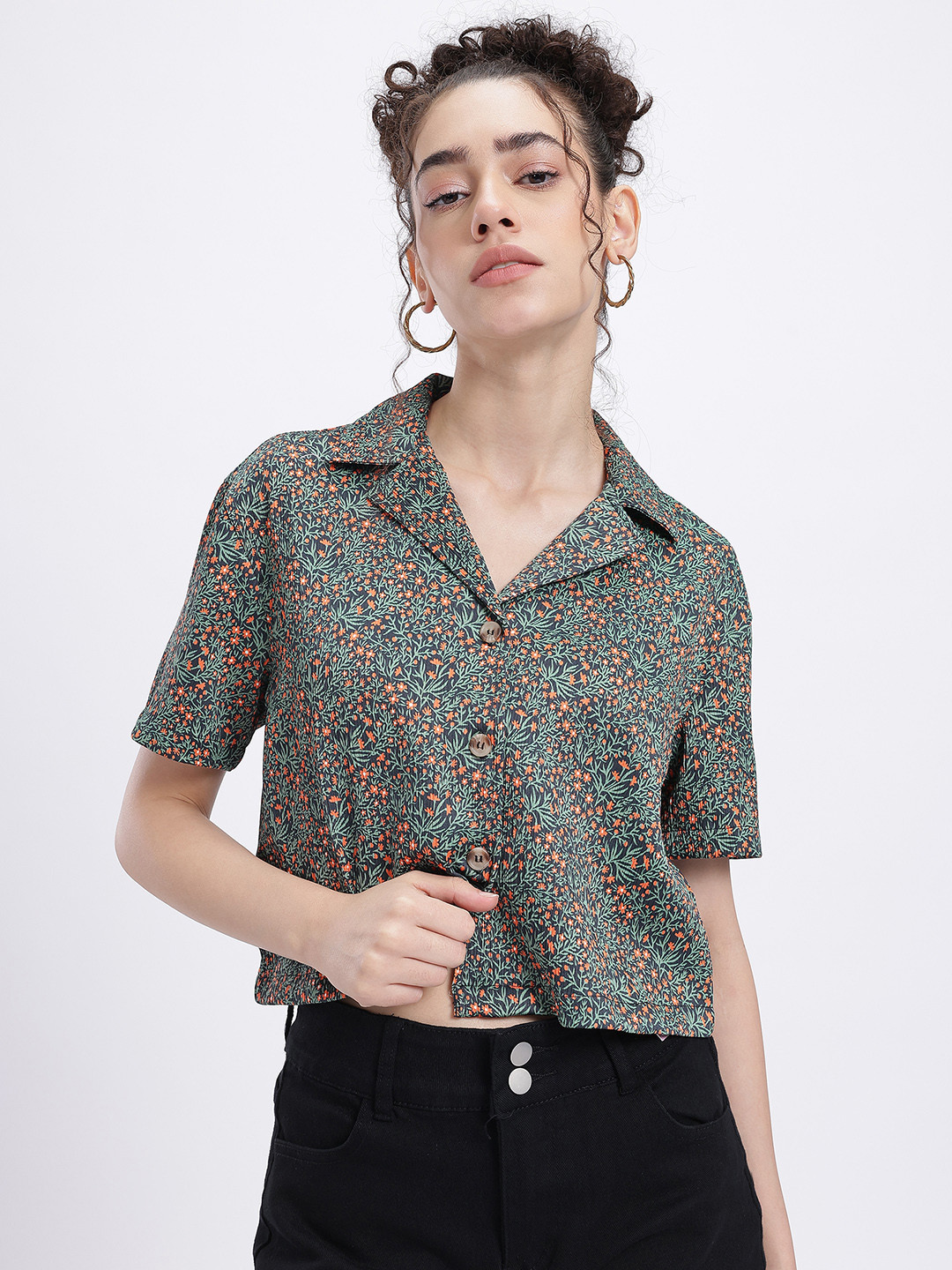 glitchez Floral Print Regular Fit Cropped Shirt
