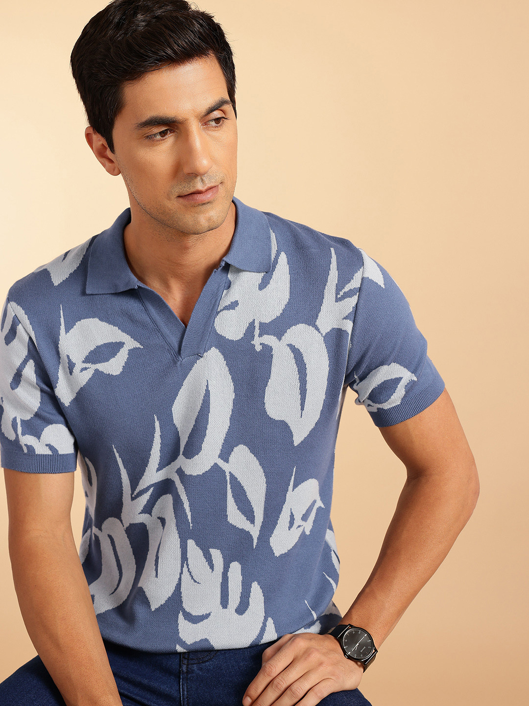 French Connection Pure Cotton Self Design Tropical Polo Collar Knit T-shirt