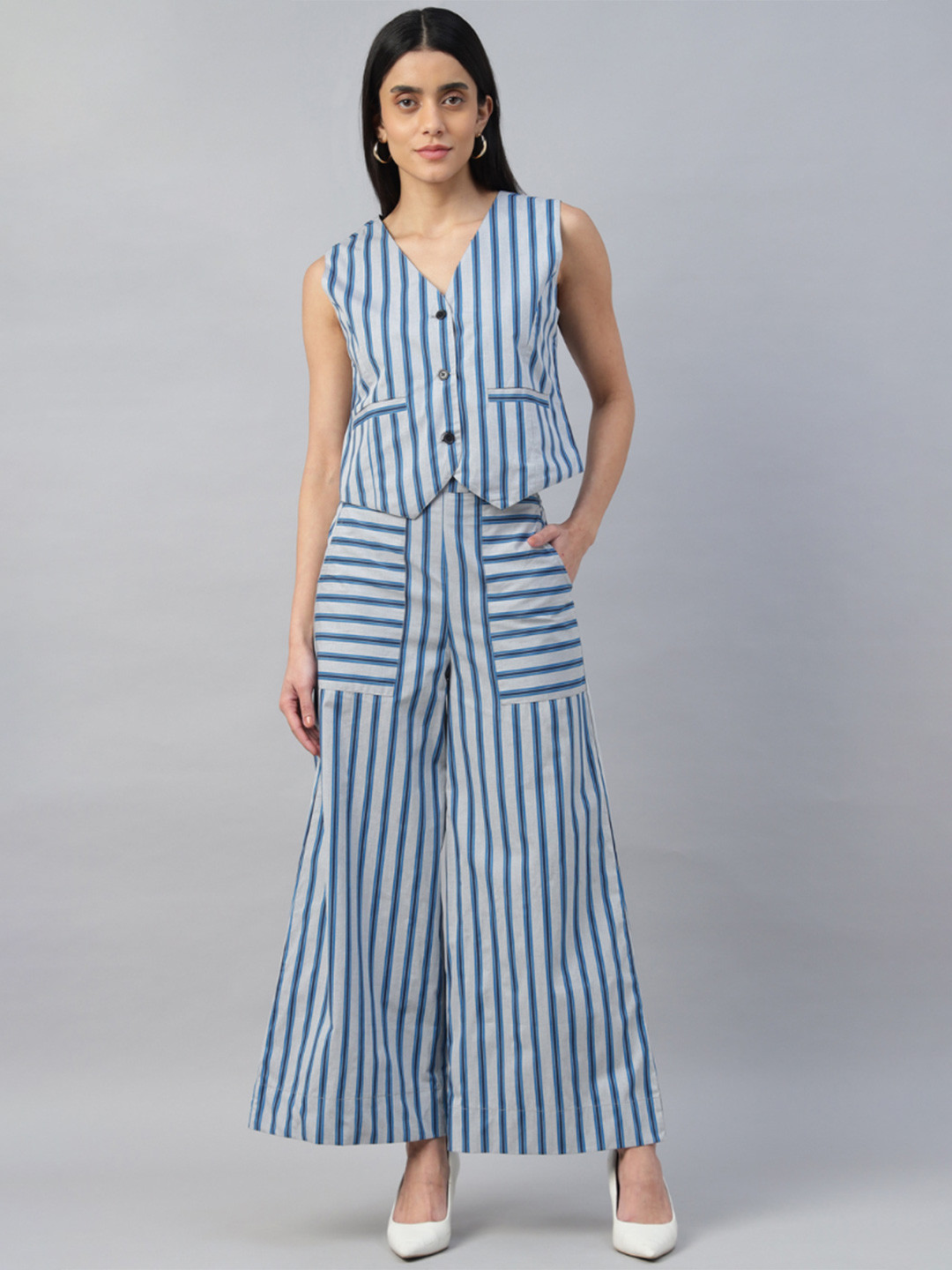 Sands of India Striped V-Neck Pure Cotton Reversible Waistcoat & High-Waist Trouser