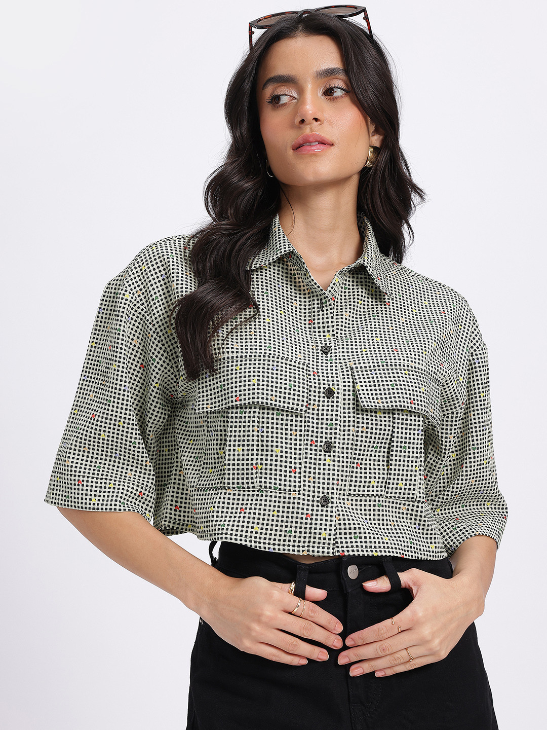 glitchez Micro Checks Printed 'Cropped Boxy Shirt
