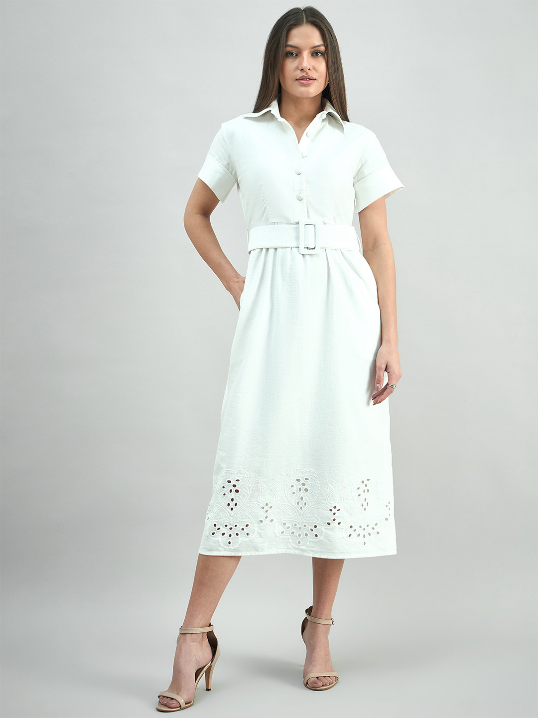 PowerSutra Cotton Schiffli A-Line Dress With Belt & pocket on right