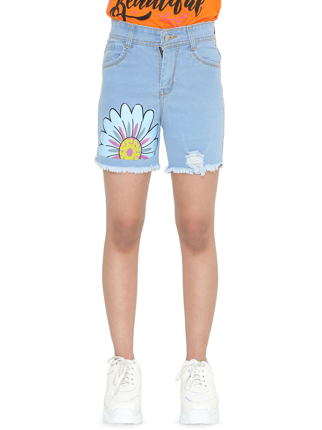 TotzTouch Girls Floral Printed Denim Shorts
