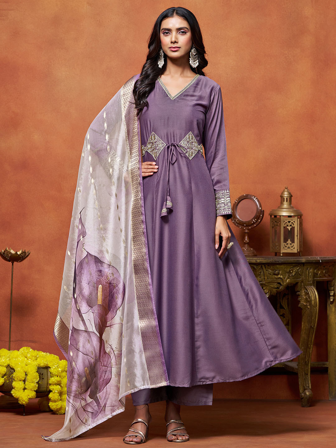 Sangria Purple Floral Embroidered Cotton Silk Anarkali Kurta With Trousers And Dupatta