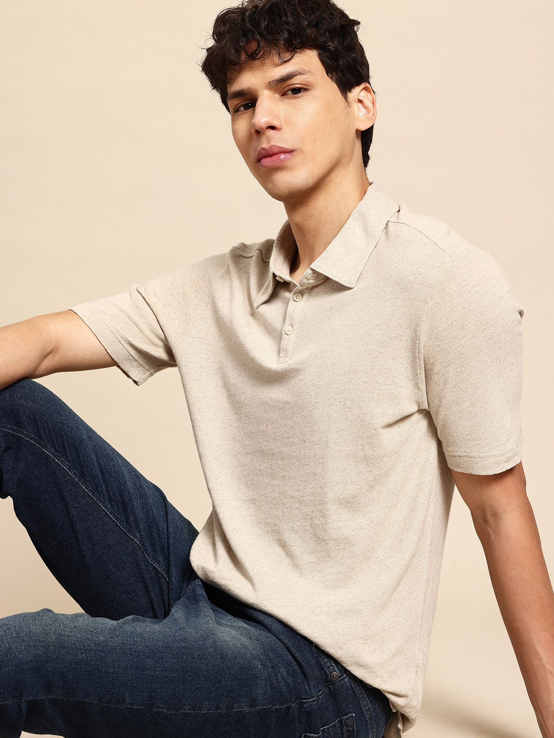 United Colors of Benetton Cotton Linen Polo Collar T-shirt