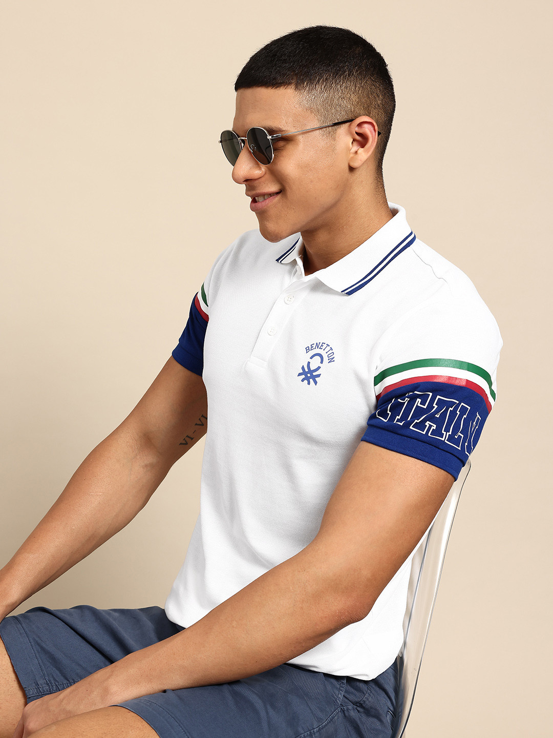 United Colors of Benetton Brand Logo Printed Polo Collar T-shirt with Contrasting Sleeves