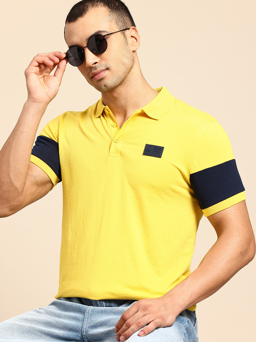 United Colors of Benetton Contrasting Sleeves Polo Collar T-shirt with Brand Logo Detail