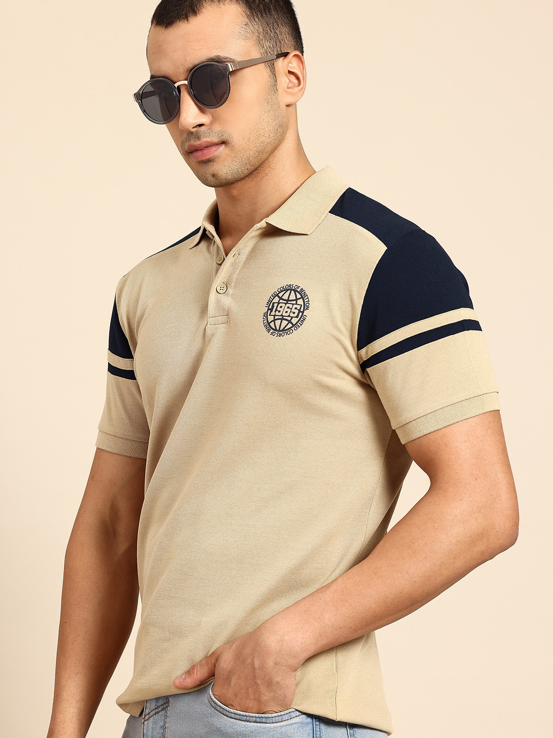 United Colors of Benetton Brand Logo Print Contrast Shoulder Sleeves Polo Collar T-shirt