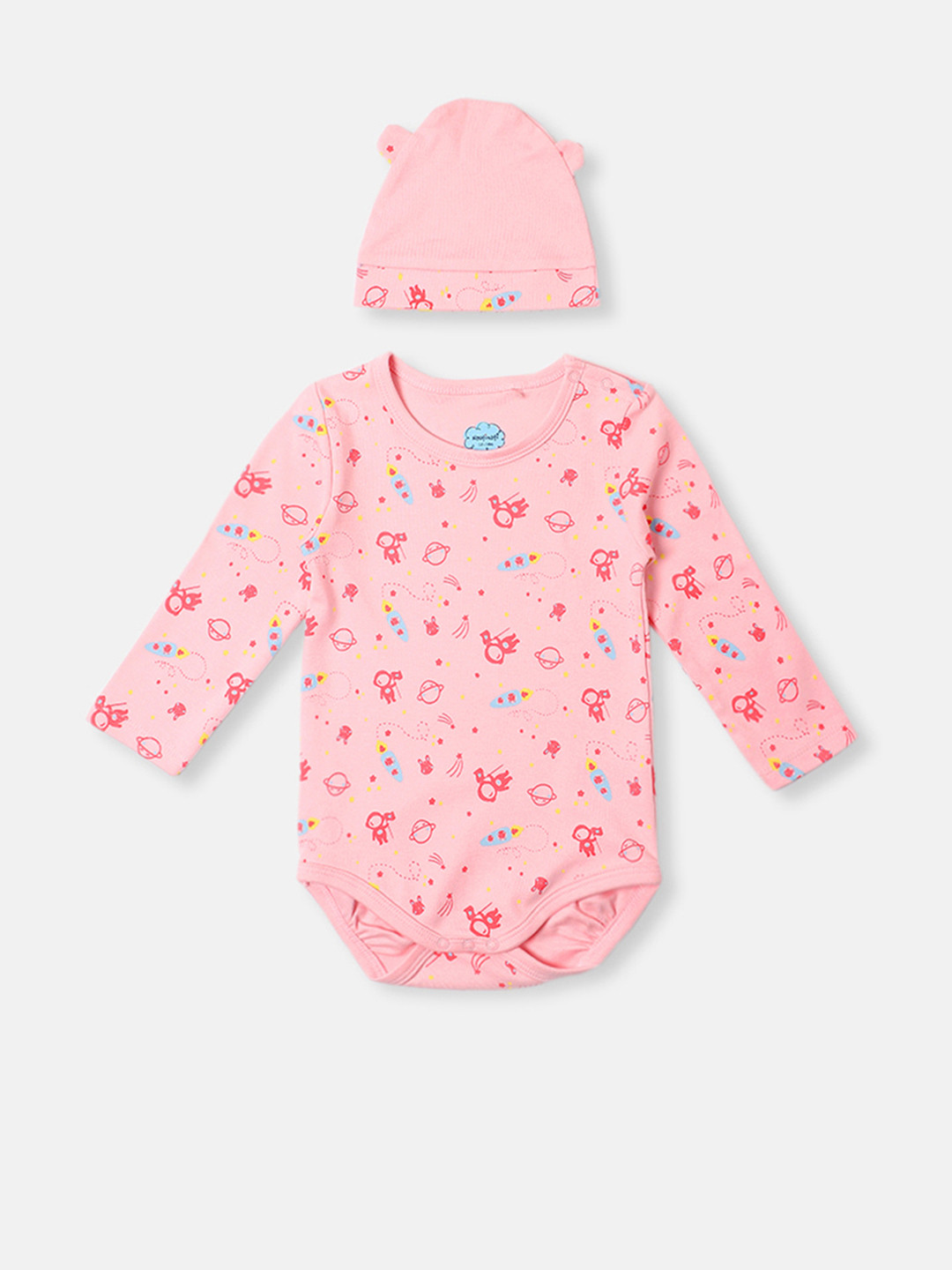 Nauti Nati Infants' Girls Cotton Interlock Space Print Onesie With Beanie Bodysuit