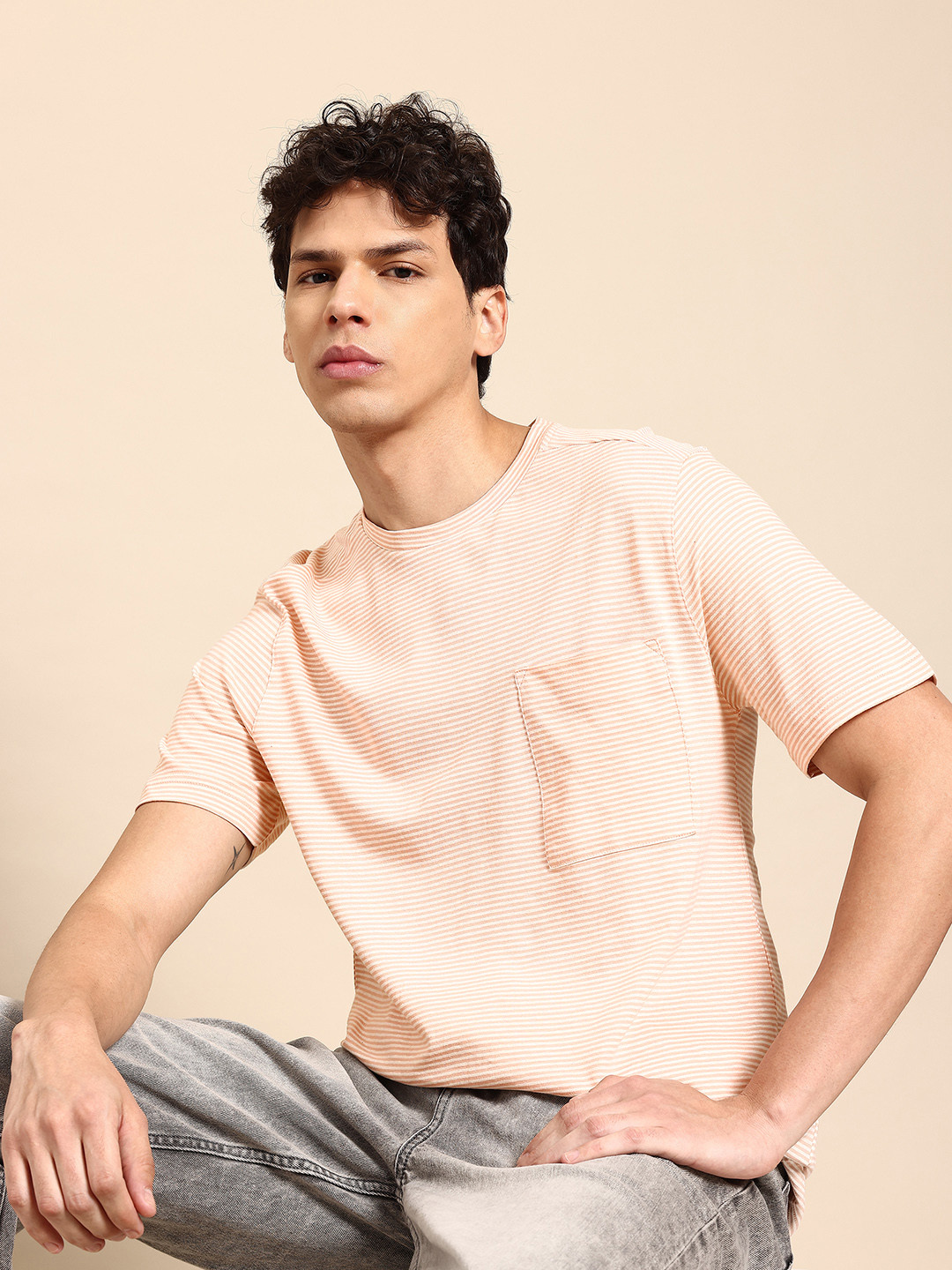 United Colors of Benetton Striped Cotton Linen Pocket Detail T-shirt