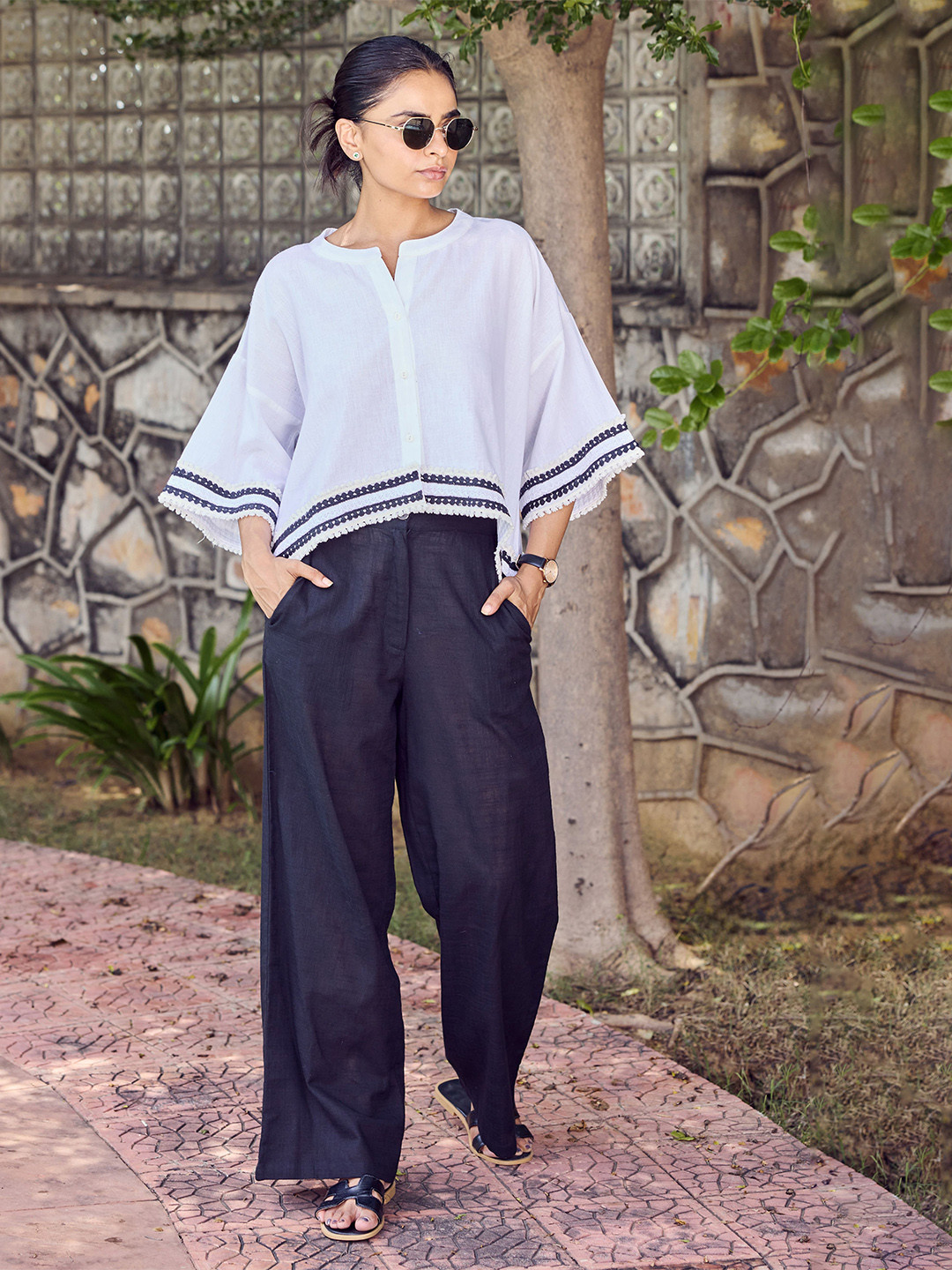 Sencei Women Flared Sleeves Cotton Shirt Style Top