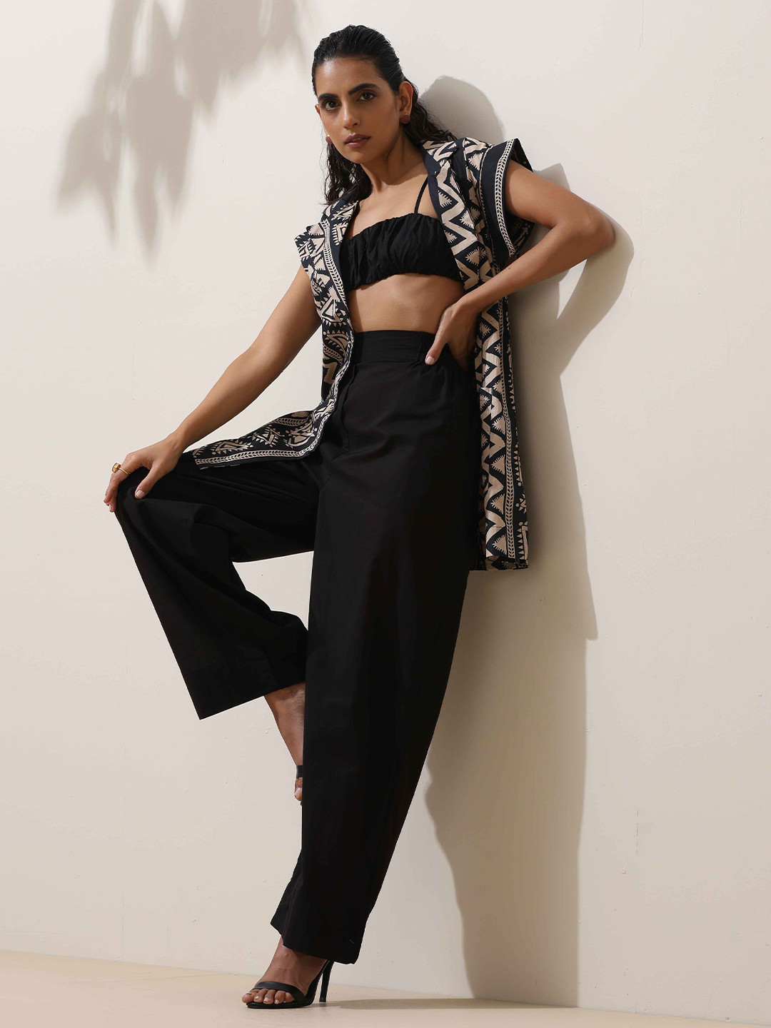 trueBrowns Beige Geometric Printed Cotton Jacket Co-Ord Set