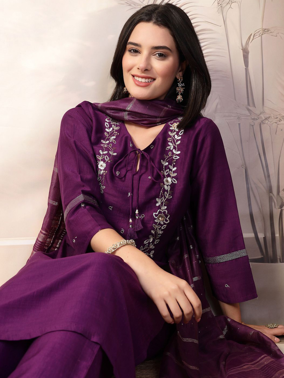 Nayam By Lakshita Floral Embroidered Tie-Up Neck Sequinned Kurta With Palazzos & Dupatta Set