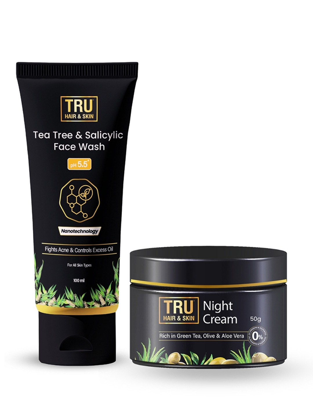 TRU HAIR & SKIN  Set of Night Cream with Green Tea 50g & Tea Tree Face Wash - 100ml