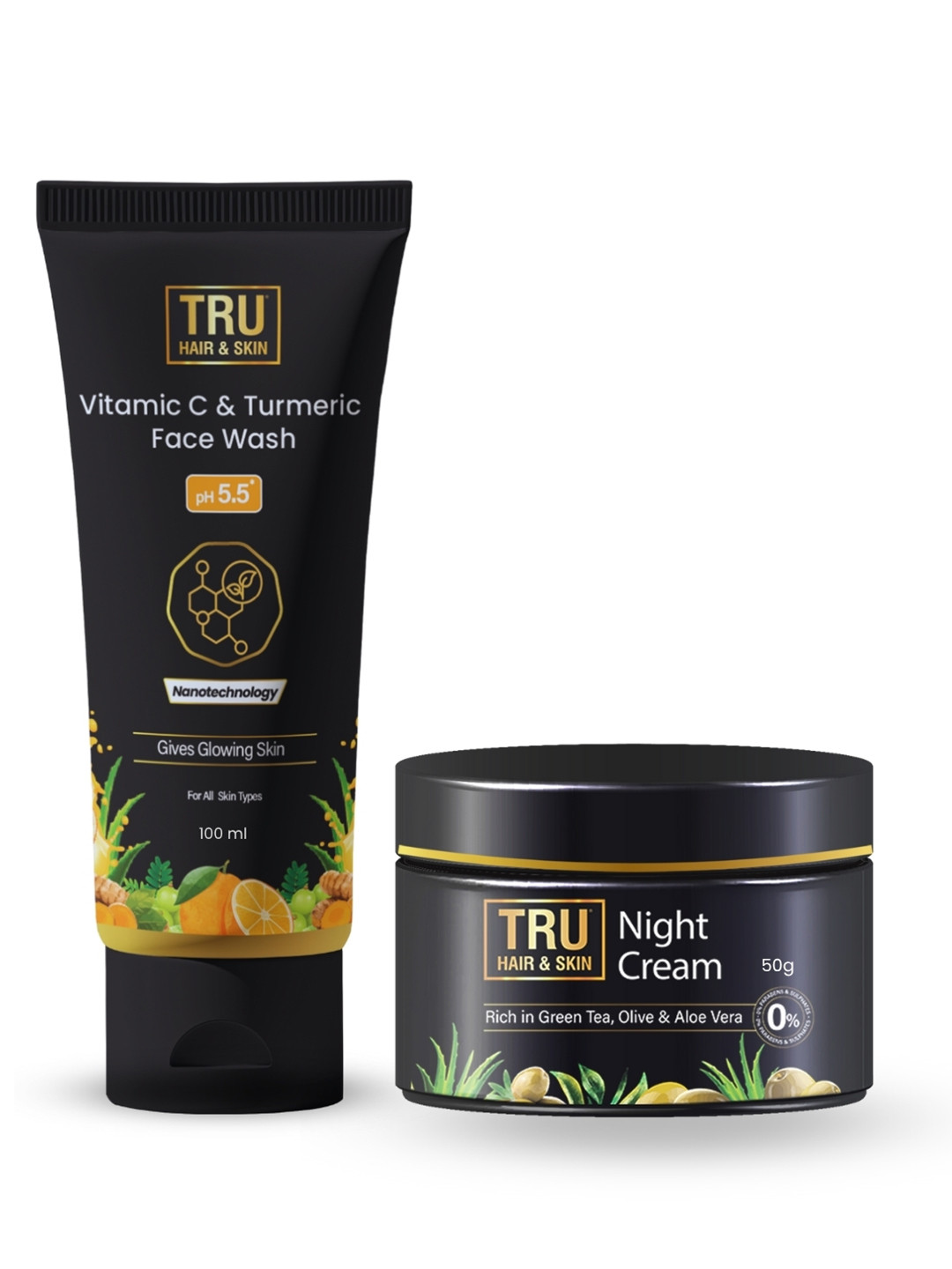TRU HAIR & SKIN  Set of Night Cream with Green Tea 50g & Vitamin C Face Wash - 100ml
