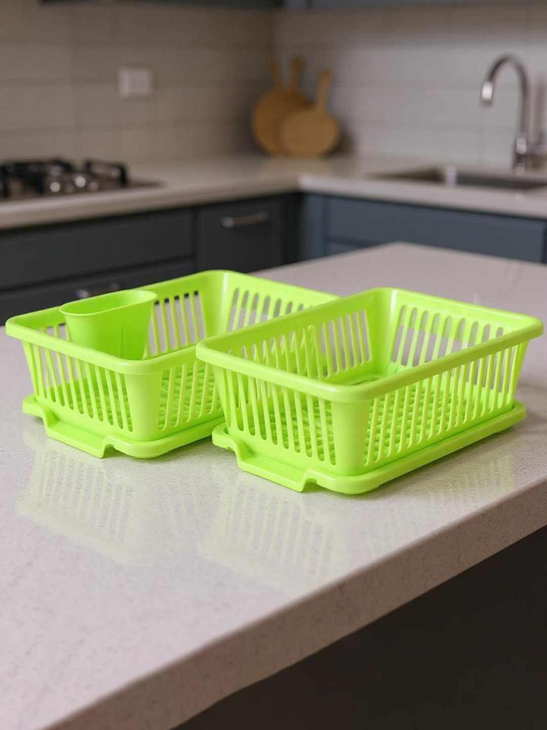 Kuber Industries Green 2 Pcs 3-in-1 Plastic Kitchen Dish Rack Basket & Water Draining Tray