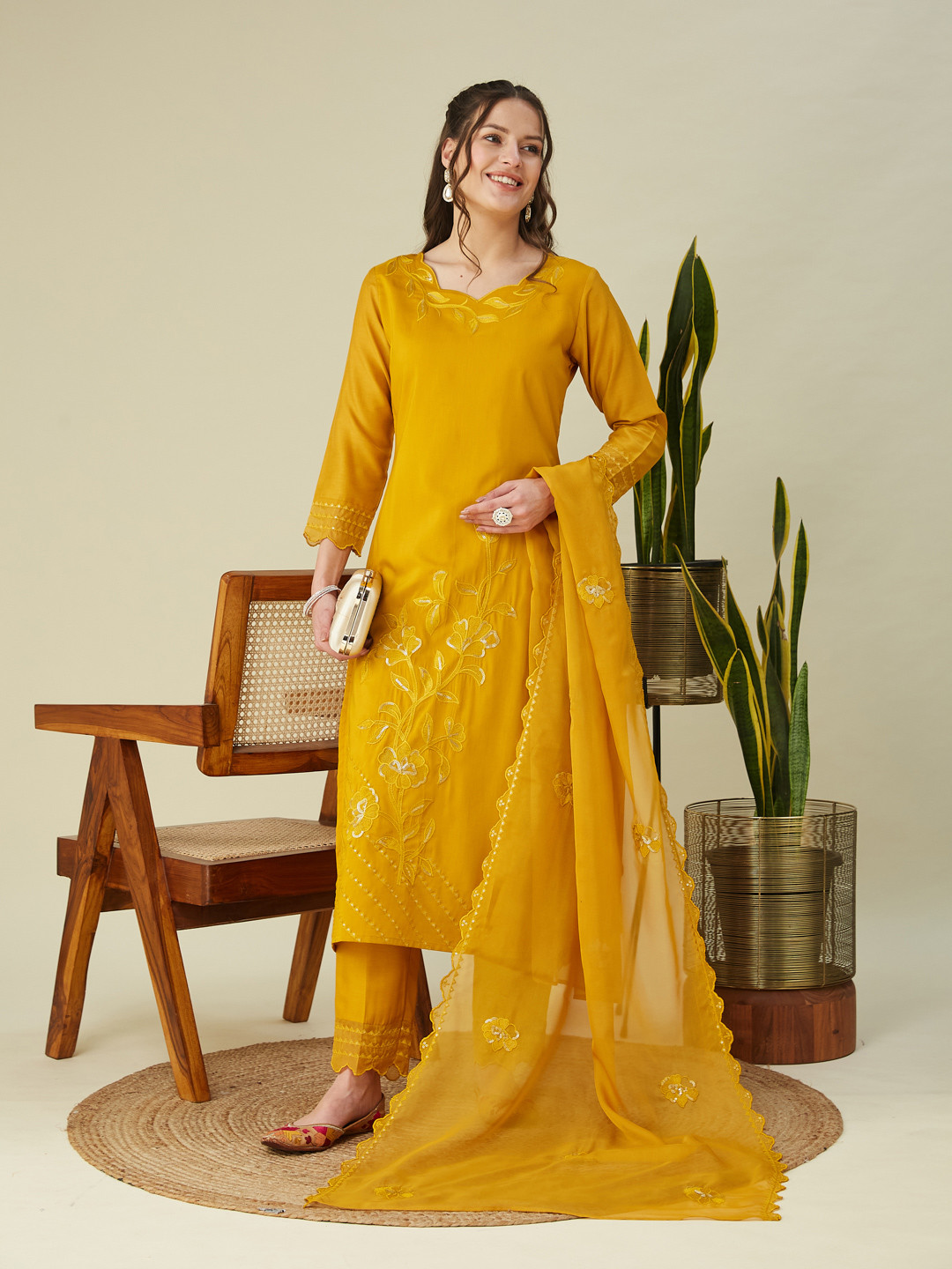 Colors of Earth Floral Embroidered Thread Work Straight Kurta With Trousers & Dupatta