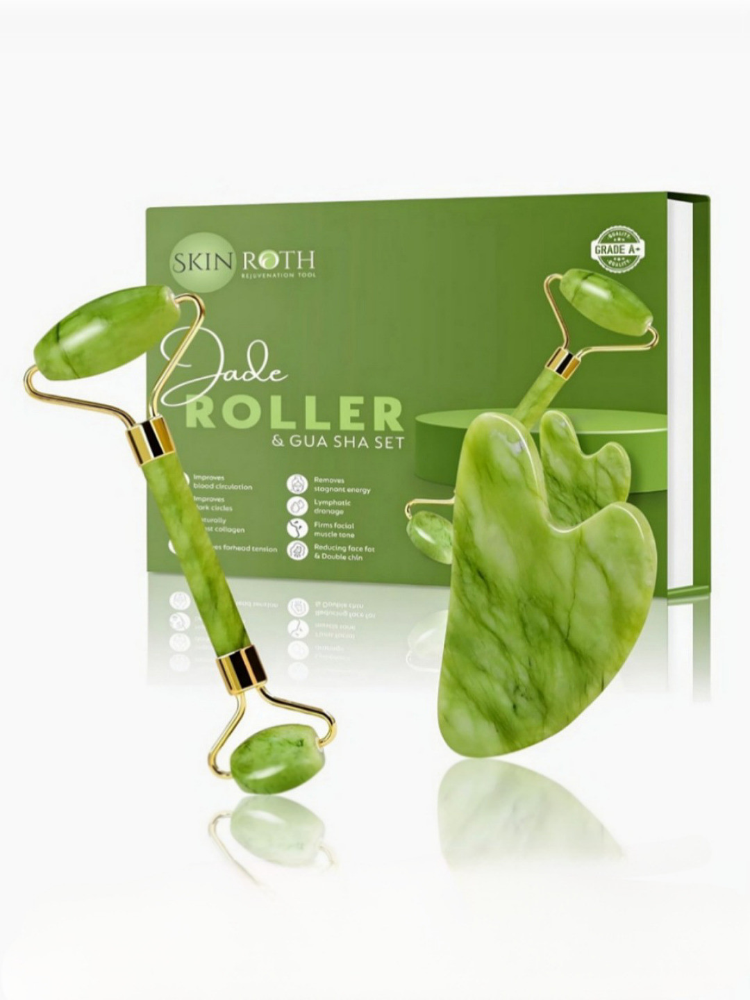 SKINROTH Set Of 2 Jade Roller & Gua Sha Anti-Aging Facial Roller